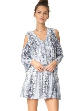 Alice and Olivia blue and white cold shoulder smocked waist dress